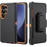 TASHHAR Phone Case for Samsung Galaxy S25 Ultra case,Heavy Duty Hard Shockproof Armor Protector Case Cover with Belt Clip Holster for Samsung S25 Ultra Phone Case (Black+Orange)