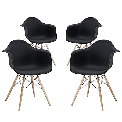 Modway Pyramid Mid-Century Dining Armchairs, Wood Legs, 4-Pack, Black