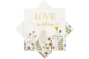 Ottin White Floral Wedding Paper Napkins - 5'' Gold Foil Love in Bloom Disposable Cocktail Napkins 50 Counts for Wedding Brid
