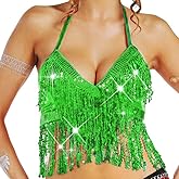 Nicute Silver Sequin Top Fringe Bra Top Sparkly Belly Dance Tops for Women