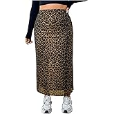 OYOANGLE Women's Plus Size Leopard Midi Skirts High Waist Cheetah Mesh Flowy Long Skirt