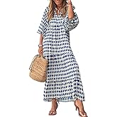 miduo Womens Loose Fit Casual Summer V Neck Half Sleeve Bohemian Geometric Pattern Maxi Long Dresses