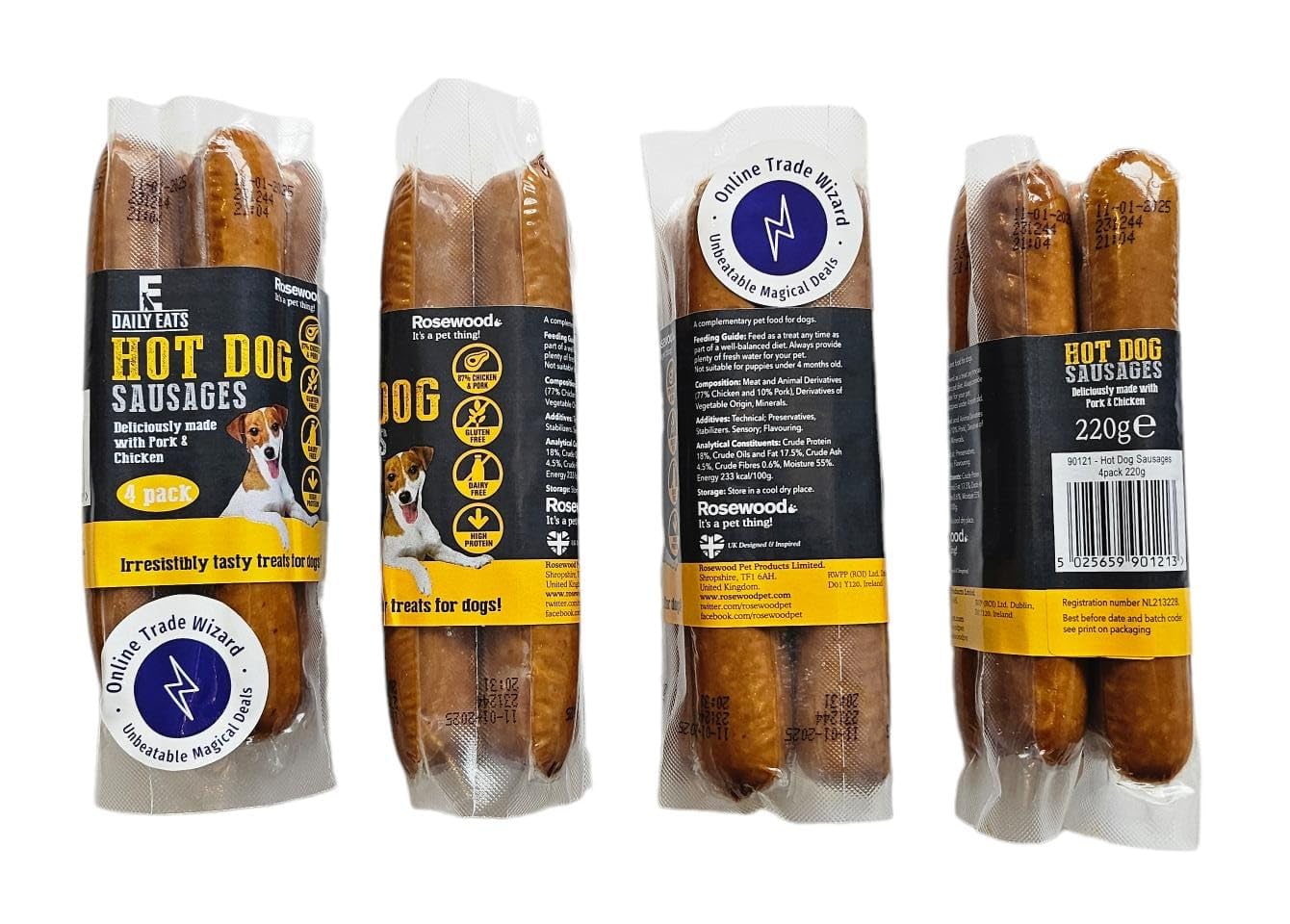 Online Trade Wizard Treats for Dogs | Rosewood Daily Eats 4 x 220g - 4 pack Hot Dog Sausages Multipack | Real High Meat Content