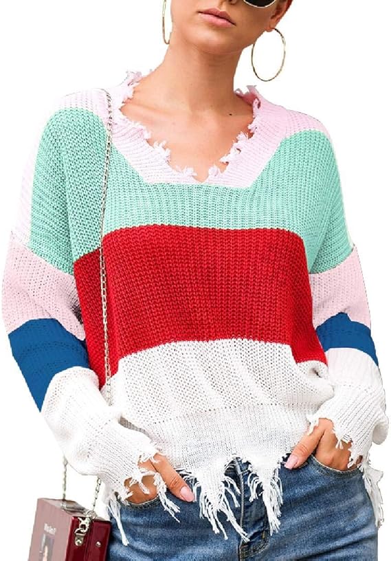 GRMO Women Knit Colorblock Crop Top Pullover Loose Fit Jumper Stripe Tops Sweater Pink US L 