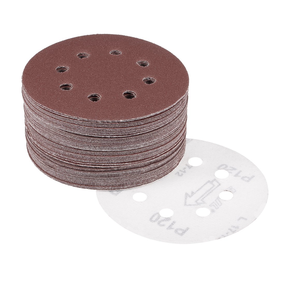 sourcingmap 50Pcs 5 inch 8 Hole Hook and Loop Sanding Disc 120 Grit Flocking Sandpaper Random Orbital Sander Paper