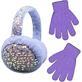 Ear Muffs Gloves Set for Kids Girls Adjustable Winter Sequin Faux Fur Windproof Warm Ear Warmer Outdoor
