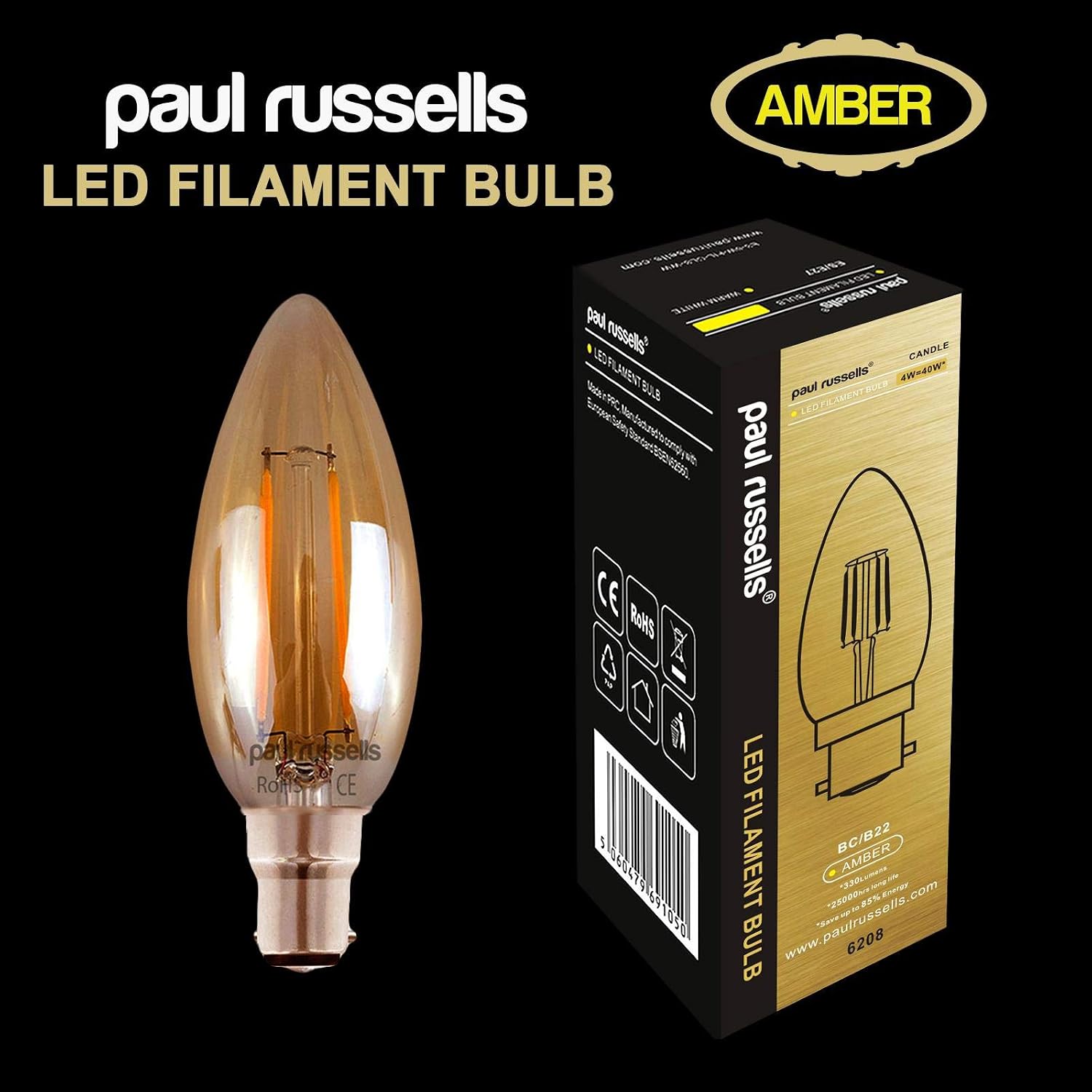 paul russells LED Candle Filament Light, 4.5W 35W Equivalent Replacement, 400LM Lumens, 2200K Extra Warm White - Image 3
