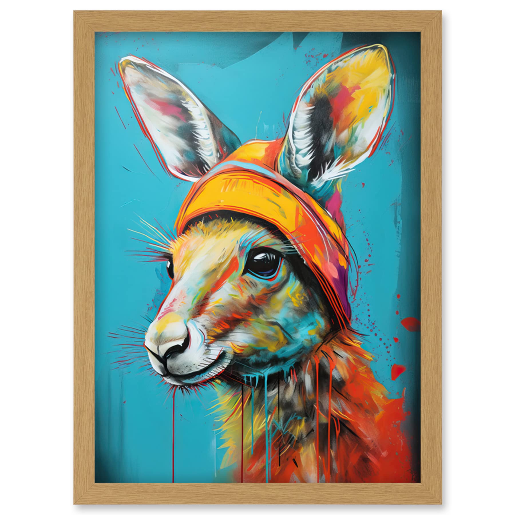 Artery8 Baby Kangaroo Joey Wearing Hat Teal and Orange Artwork Framed Wall Art Print A4