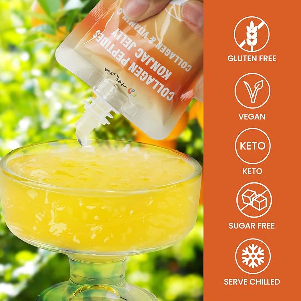 HETHSTIA KONJAC JELLY, 7 CALORIES, ORANGE FLAVOR | ZERO SUGAR | 10 PACKS | KETO, GLUTEN FREE, COLLAGEN PEPTIDES & VITAMIN C HEALTHY DRINKABLE POUCH DIET SNACK & GIFTS
