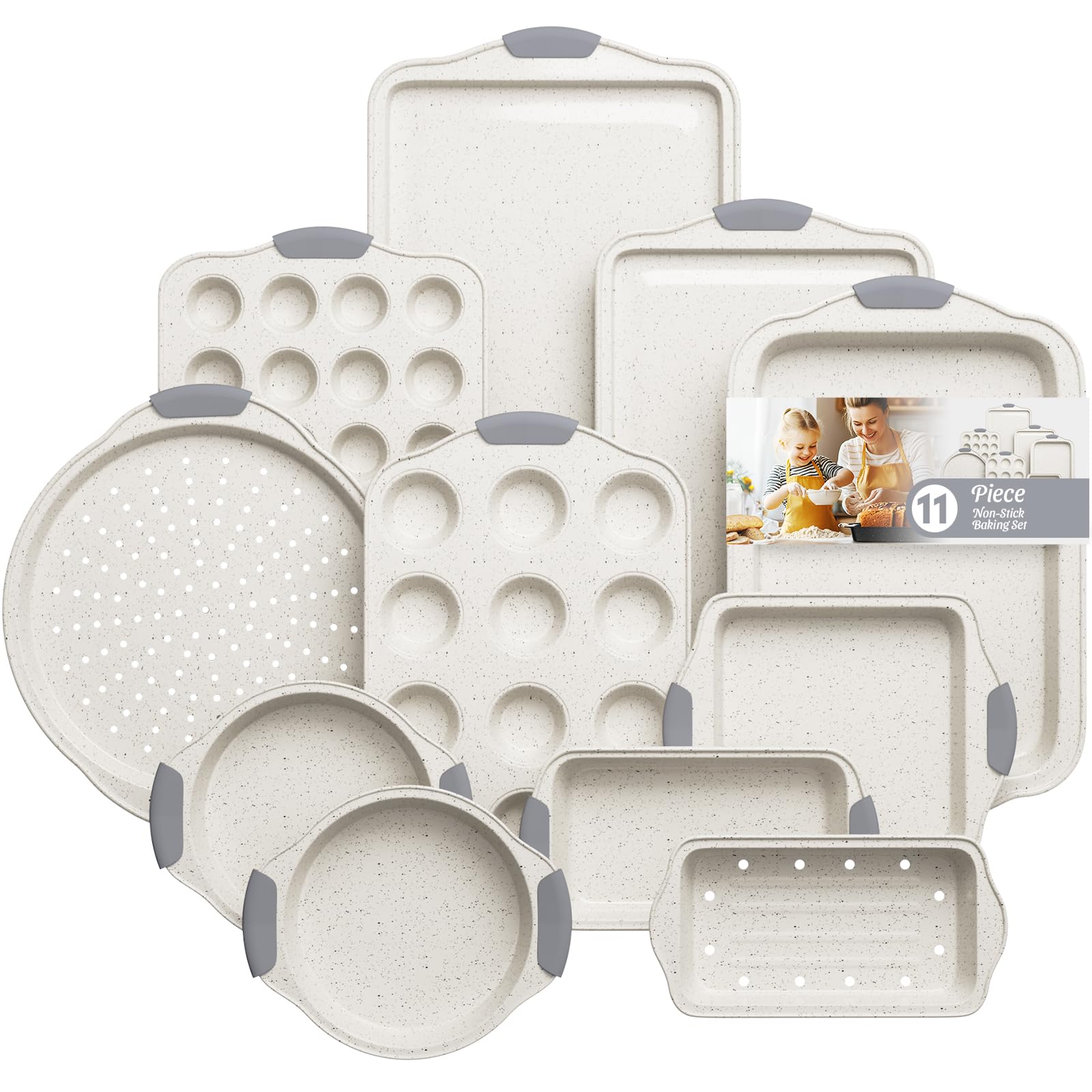 Photo 1 of 11-Piece Nonstick Baking Pans Set, Stackable Non Toxic Bakeware Sets with Cookie Sheets, Cake Pan, Loaf Pan, Pizza Pan, Muffin Pan, White&Gray