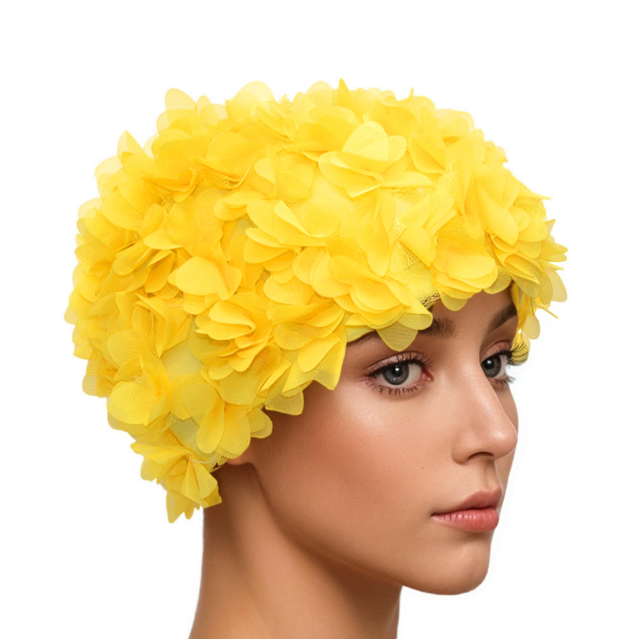 Medifier Lace Vintage Swim cap Floral Petal Retro Style Bathing Caps for Women Yellow