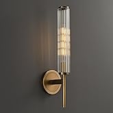 fansimone 18.9" Solid Brass Wall Sconce with Ribbed Groove Glass Tube - Gold Wall lamp Includes Bulbs - Modern Brushed Copper