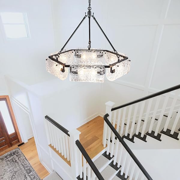 DWLGIGH 11.0″ BLACK GLASS CHANDELIER CEILING LIGHT FIXTURE,3-LIGHT ADJUSTABLE PENDANT LIGHTS WITH CLEAR GLASS SHADE MODERN DRUM CHANDELIERS FOR DINING ROOM OVER TABLE KITCHEN LSLAND HALLWAY FOYER,E12