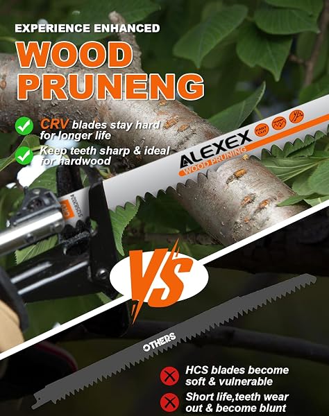 8 PACK 12 INCH 5 TPI WOOD PRUNING RECIPROCATING SAW BLADES FOR TREE TRIMMING AND WET WOOD CUTTING, CR-V SAWZALL BLADES WITH FLEAM-GROUND TEETH FOR LONGER LIFE AND FASTER CUTTING SPEED, 1 X HANDLE