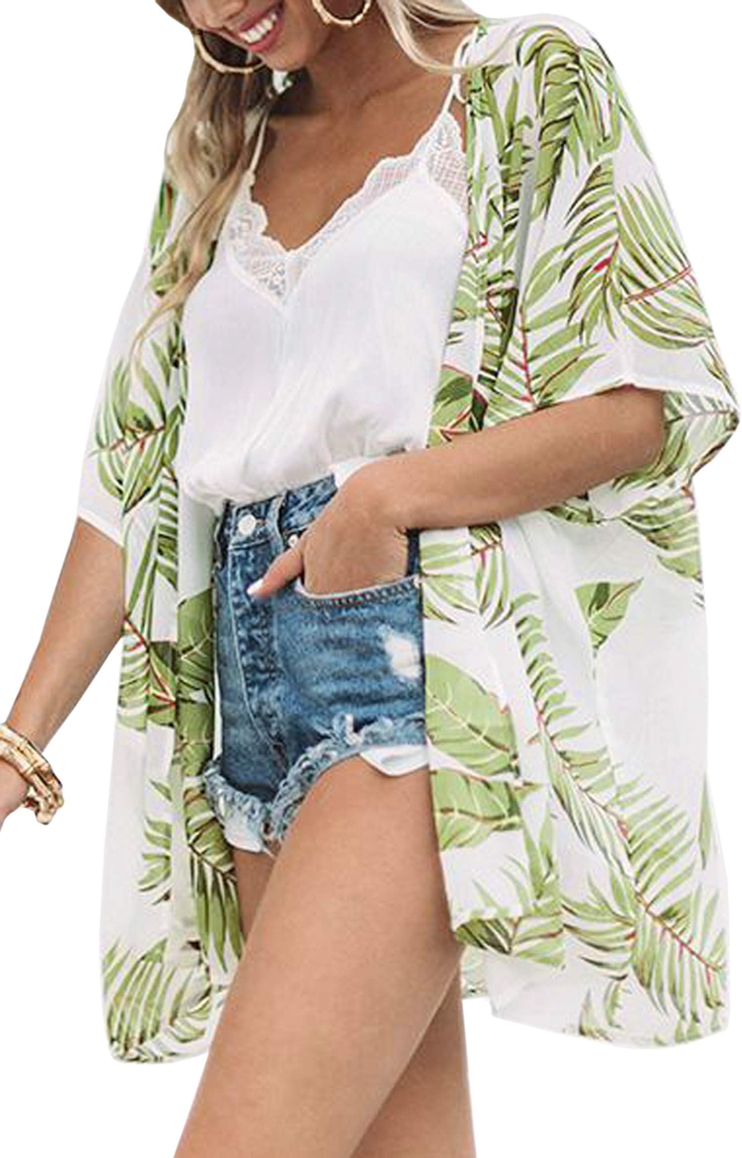 Hibluco Women's Chiffon Floral Kimono Cardigan Summer Sheer Swimwear Beach Cover Up