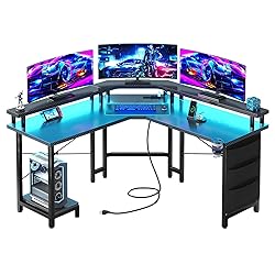 L Shaped Gaming Desk with LED Lights & Power