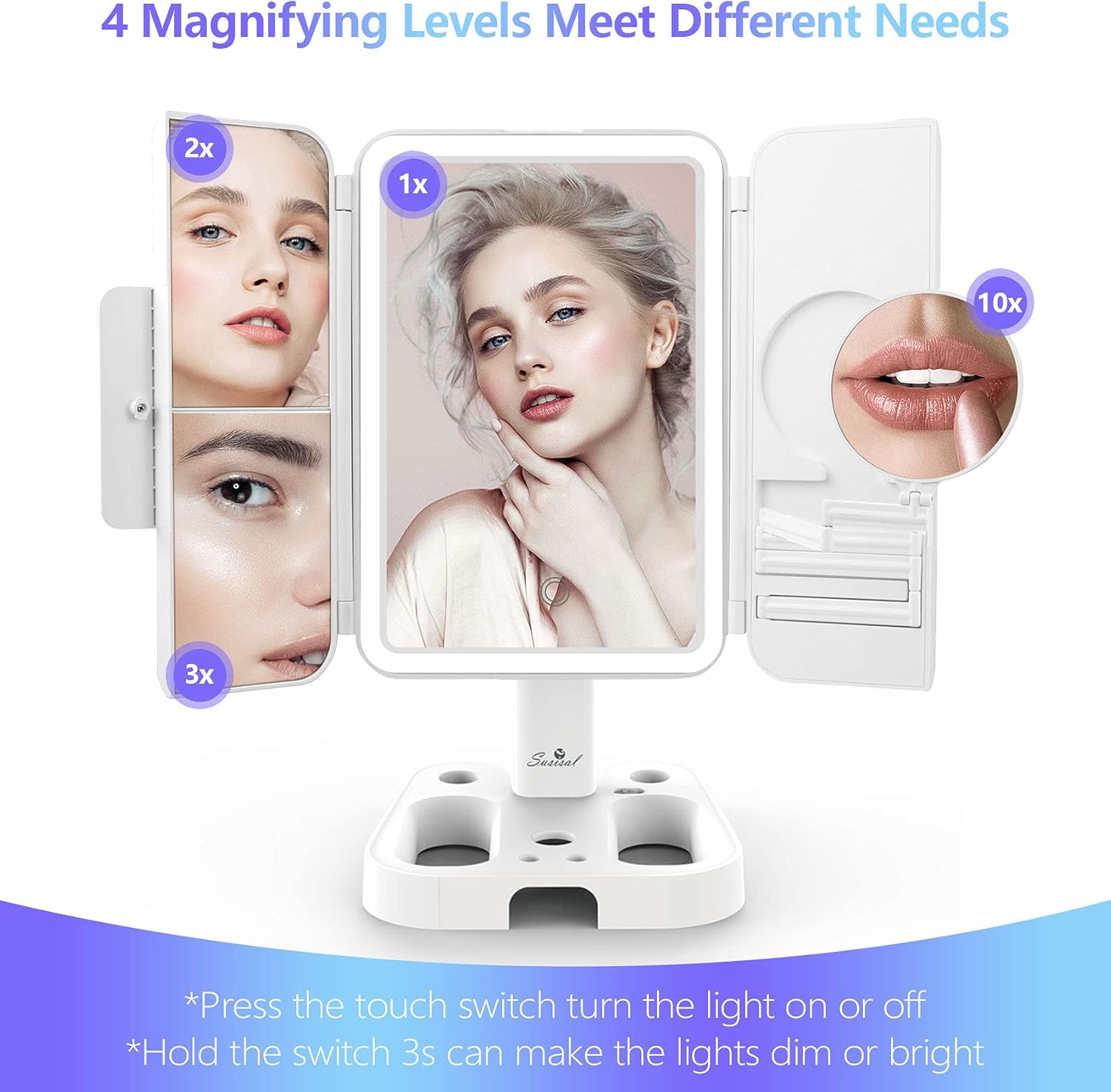 Makeup Mirror Vanity Mirror with Lights, Susisal 3 Color Lighting Trifold Adjustable Mirror with 72LEDs, 1X 2X 3X 10X Magnification, Dual Power Supply, Portable Lighted Up Mirror -