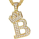 U7 Crown Initial Necklace Men Women, Bling Diamond A-Z 0-9 Letter Pendant with Wheat Chain, Silver/Black/Gold Plated CZ Alphabet Number Hip Hop Jersery for Father Husband