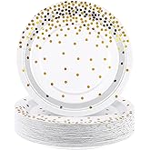 Aneco 60 Pieces 7 Inches Disposable Paper Plates White and Gold Foil Dot Dessert Plates Round Paper Plates for Wedding Bridal Shower Birthday Party Decorations