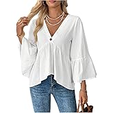 SOLY HUX Women's V Neck Peplum Babydoll Blouse 3/4 Ruffle Sleeve Flowy Dressy Casual Tops