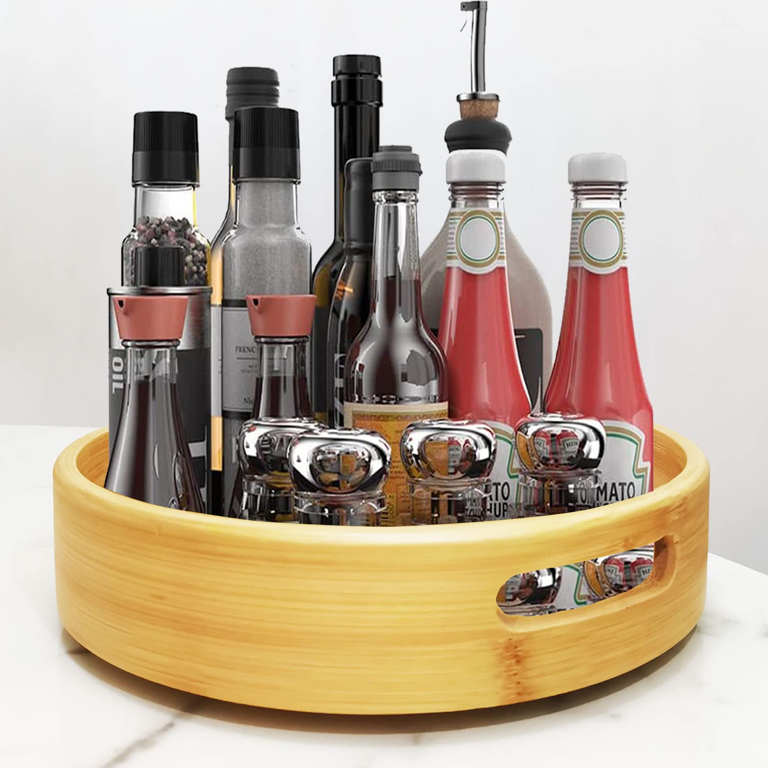 Kitchen Organizer, Rotating Turntable for Cabinet, 360-Degree Spinning Food Storage Container, Natural Bamboo Spice Rack, Lazy Susan 30cm