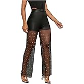 OYOANGLE Women's Glitter Sheer See Through Sparkly Pants Festival Dance Clubwear Mesh Wide Leg Party Trousers