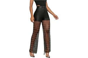 OYOANGLE Women's Glitter Sheer See Through Sparkly Pants Festival Dance Clubwear Mesh Wide Leg Party Trousers
