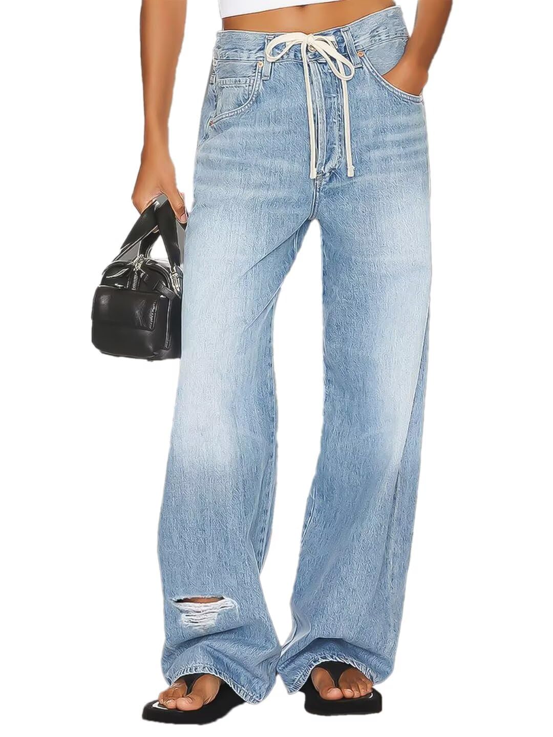 Photo 1 of Flamingals Wide Leg Low Rise Casual Drawstring Cut Out Denim Jeans with Pockets Light Blue L