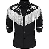 TURETRENDY Men's Western Cowboy Fringe Shirts Long Sleeve Embroidered Slim Fit Casual Button Down Shirts