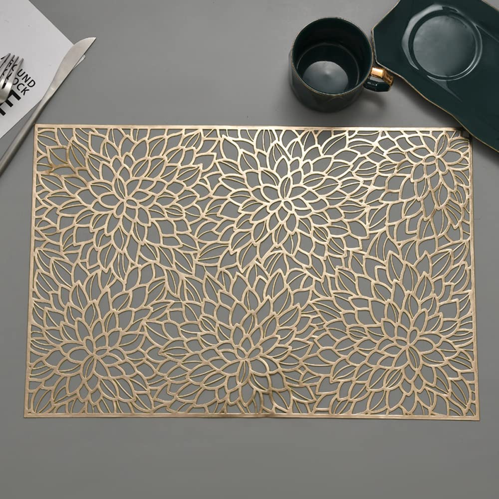 Hosoncovy 4 Pack Decorative Rectangle PVC Placemats Flower Placemats Hollow Dining Table Place Mats Heat Resistant Non-slip Dining Placemats Table Mats for Home Kitchen Wedding (Gold)