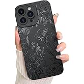 LSL Case for iPhone 16 Pro Max Black Floral Flower Pattern Print Design Soft TPU Full Camera Lens Anti-Drop Anti-Scratch Shockproof Protective Slim Cover for Women Girls