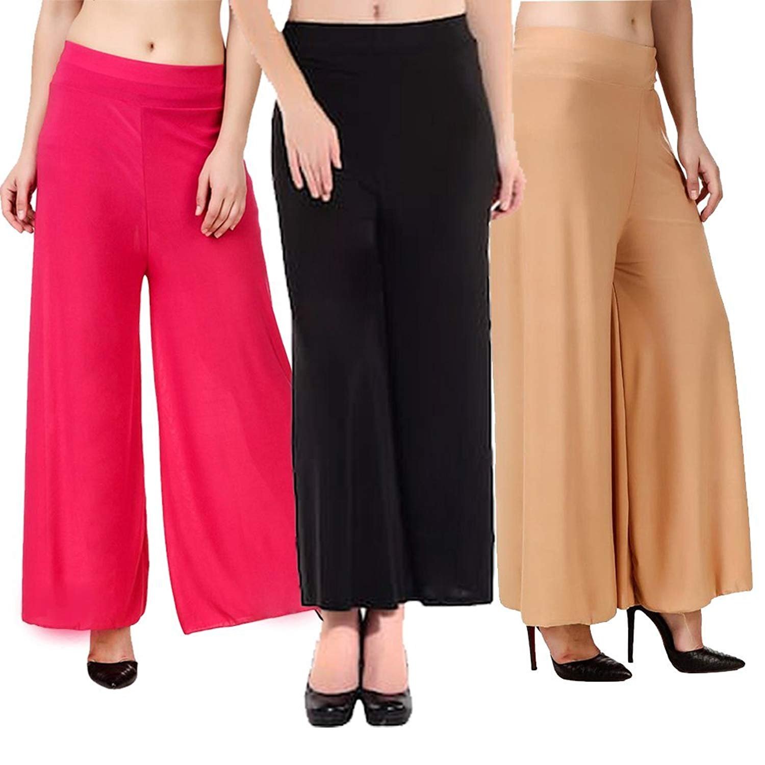lili women's stretchy malia lycra wide leg palazzo pants pack of 3 (free size)