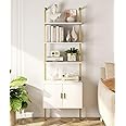 Yusong 73" Tall Bookshelf with Cabinet, Industrial Ladder Wall Mount Shelf Bookcase with Wood and Metal Frame, Plant Shelf Wall Storage Display for Living Room Bedroom, White Gold