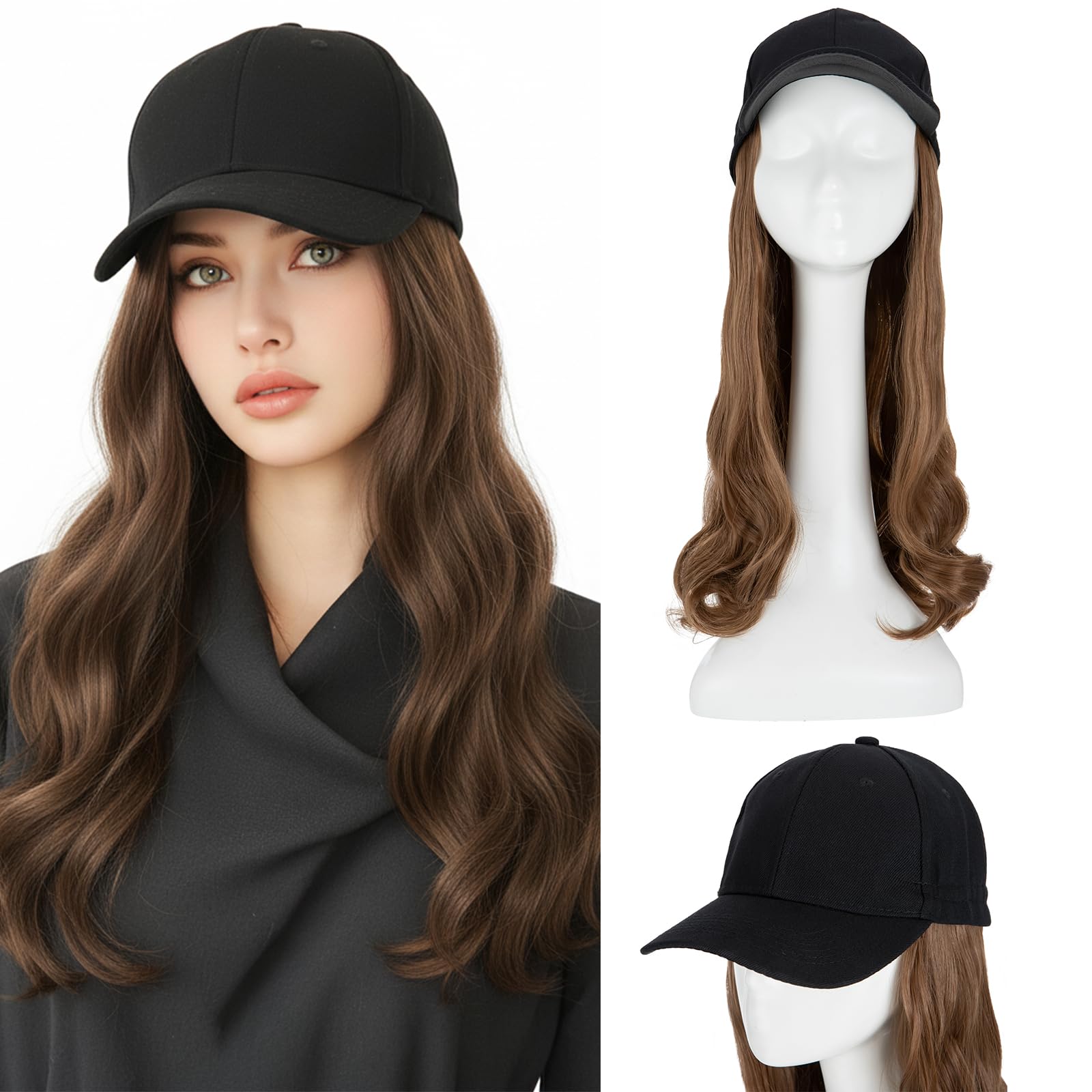 Black Baseball Hat with Hair Attached Wigs Curly Body Wave Synthetic Hairpiece Cap Hair Extensions for Women (16", Light Brown) — image 1