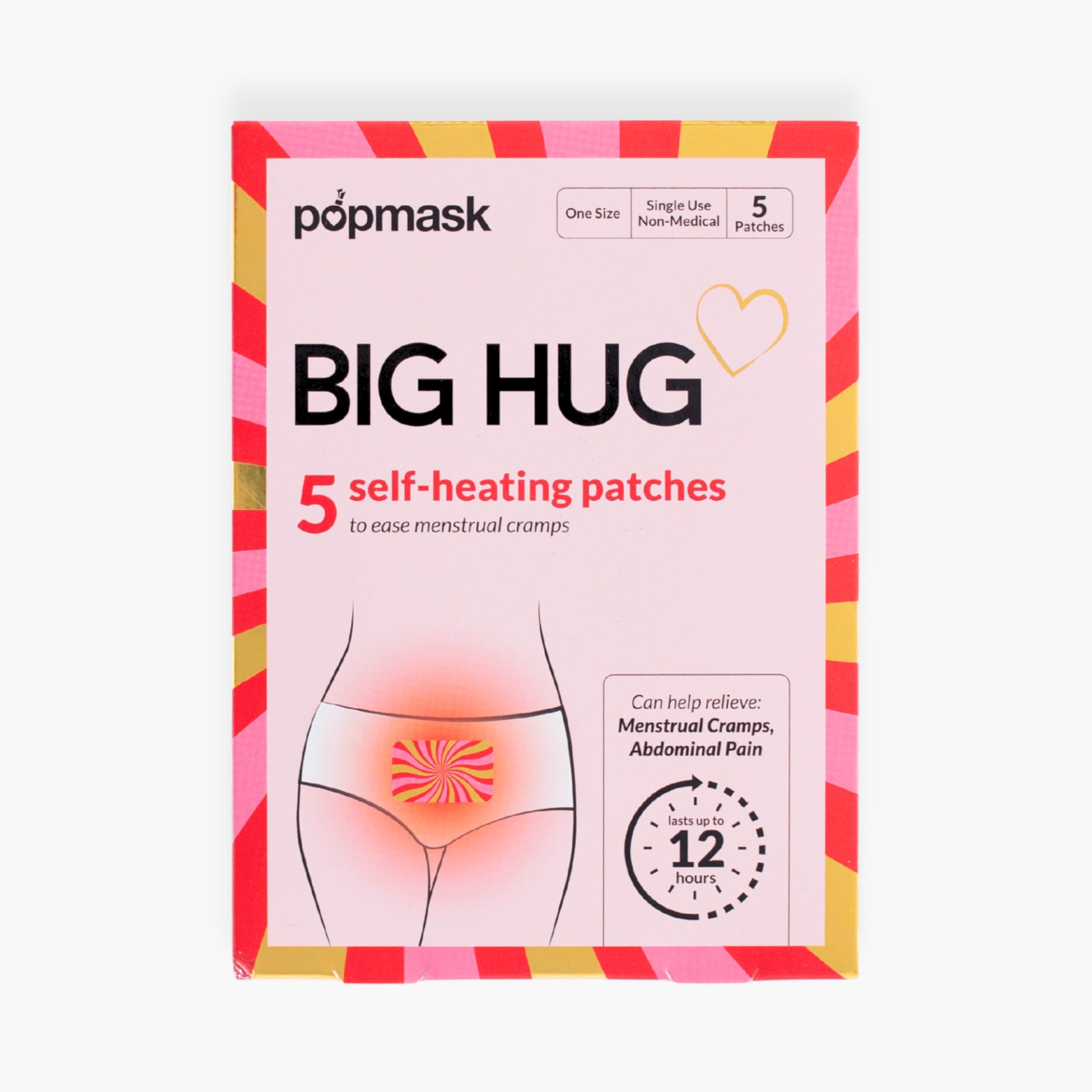 Popmask Big Hug Self-Heating Patches for Period Pain Relief, Natural Heat Therapy for Menstrual Cramps and Bloating Relief, Lasts for up to 12 Hours, 5 Scent Free Patches