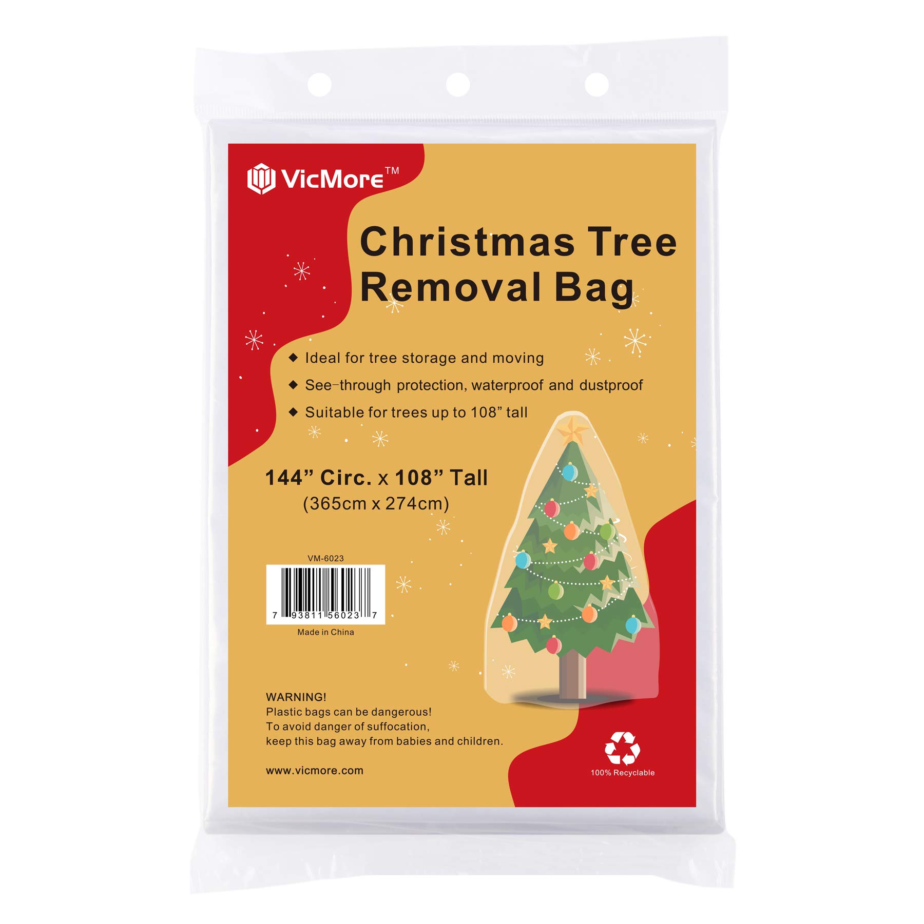 VicMore Christmas Tree Disposal Bag 9x6 ft Clear Plastic – Heavy-Duty, Tear-Resistant & Odorless Polyethylene for Real or Artificial Xmas Tree Removal, Storage & Moving