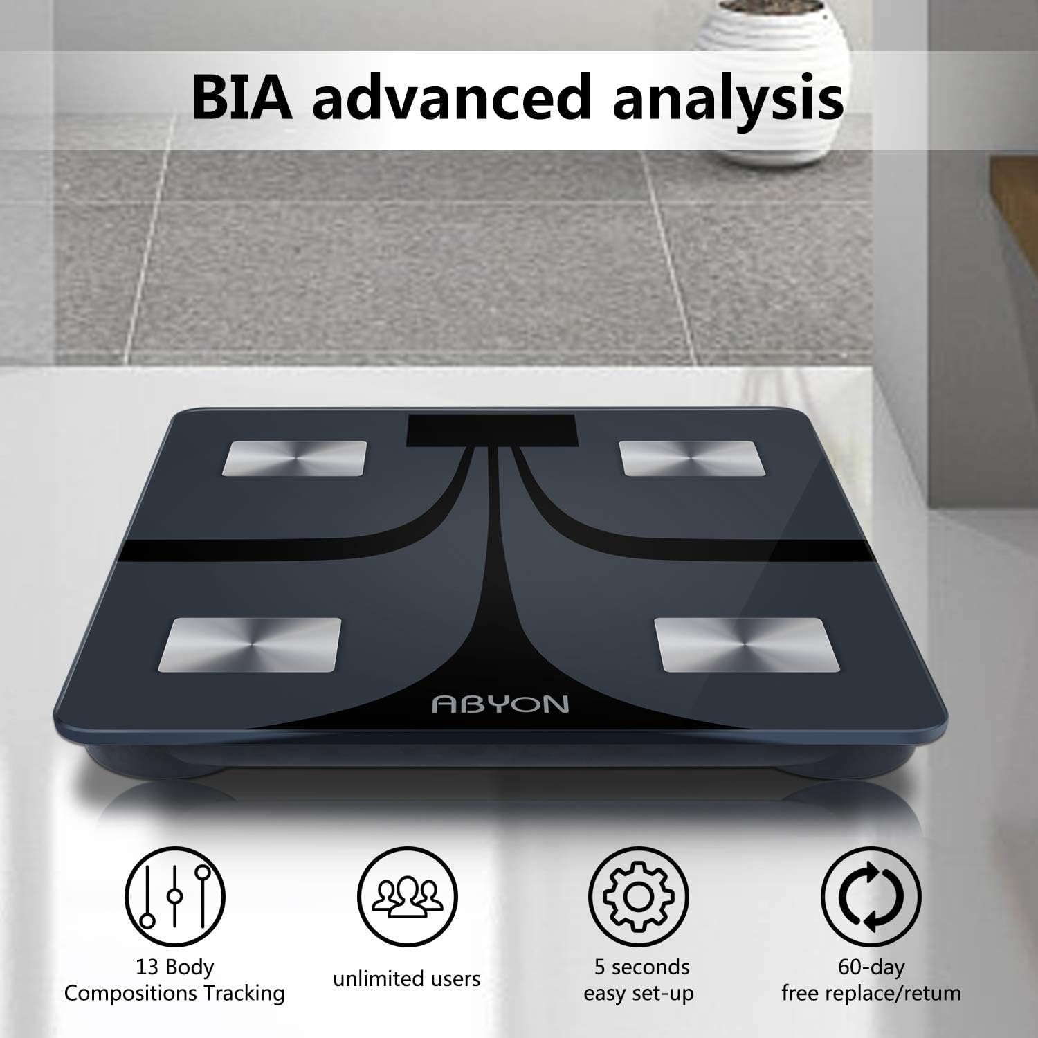 ABYON Bluetooth Smart Bathroom Scales for Body Weight Digital Body Fat Scale,Auto Monitor Body Weight,Fat,BMI,Water, BMR, Muscle Mass with Smartphone APP,Fitness Weight Loss Track Health Scale: Health & Personal Care