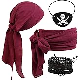 TEBIEKOY 7 PCS Halloween Pirate Costume Accessories for Women Men - Pirate Hat Pirate Head Scarf Bandanas Belt,Bracelets,Eye Patch Renaissance Viking Accessories