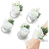 Garisey 4pcs Wedding White Rose Wrist Flowers Artificial Rose Flowers for Ceremony Prom Party Accessories (4 Wrist Corsage White)