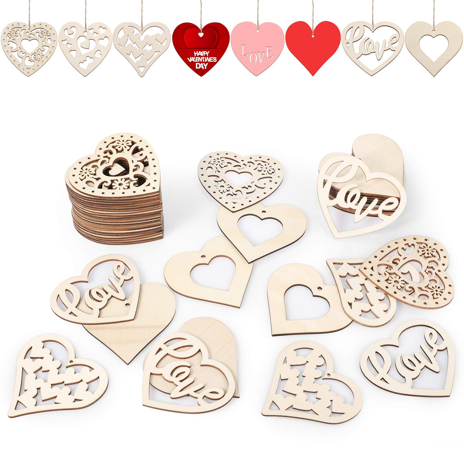 80 Pieces Valentine's Unfinished Heart Shaped Wood Slices Pre-drilled DIY Heart Slices Wooden Heart Ornaments with Natural Twine (3 x 3 Inches, Wood Color)