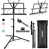 CAHAYA Sheet Music Stand Portable Folding Dual Use Desktop Book Holder | Lightweight Stable Reinforced with Carrying Bag Clip for Student Musicians Travel Practice Height Adjust up to 54.3" Black