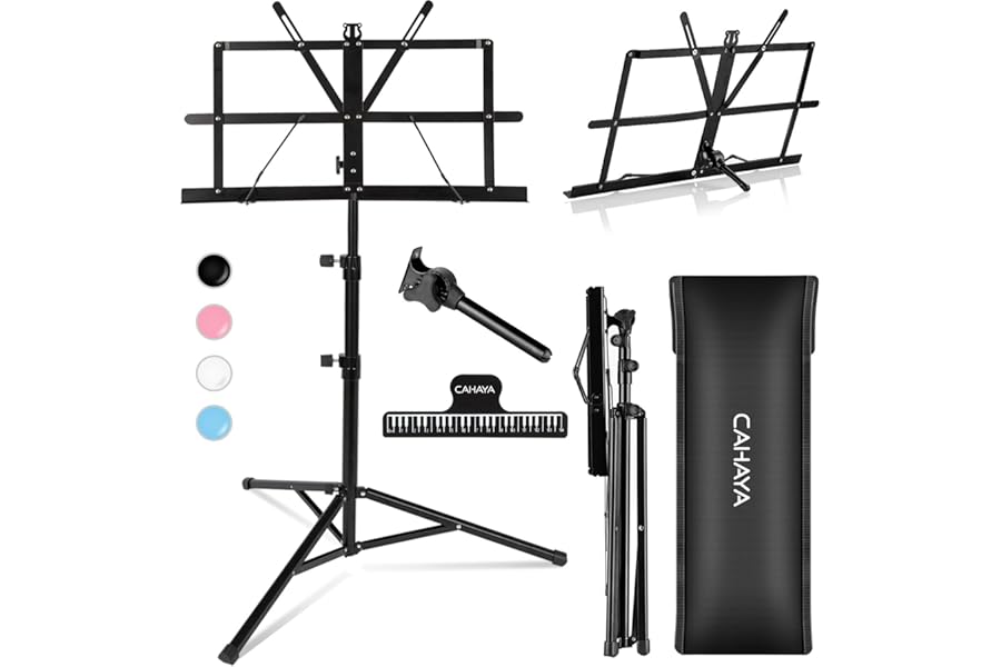 CAHAYA Portable Sheet Music Stand: Dual Use Desktop Book Holder Folding Lightweight Extra Stable Reinforced with Carrying Bag and Clip for Students Musicians Height Adjustable up to 54.3" CMS0204