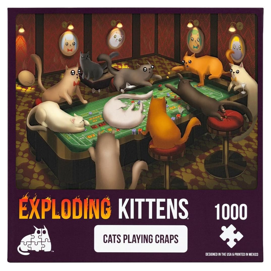 Cats Playing Craps Jigsaw Puzzle by Exploding Kittens - 1000 Pieces, Ideal for Adults, Teens, and Kids - A Funny and Artistic Cat-Themed Puzzle