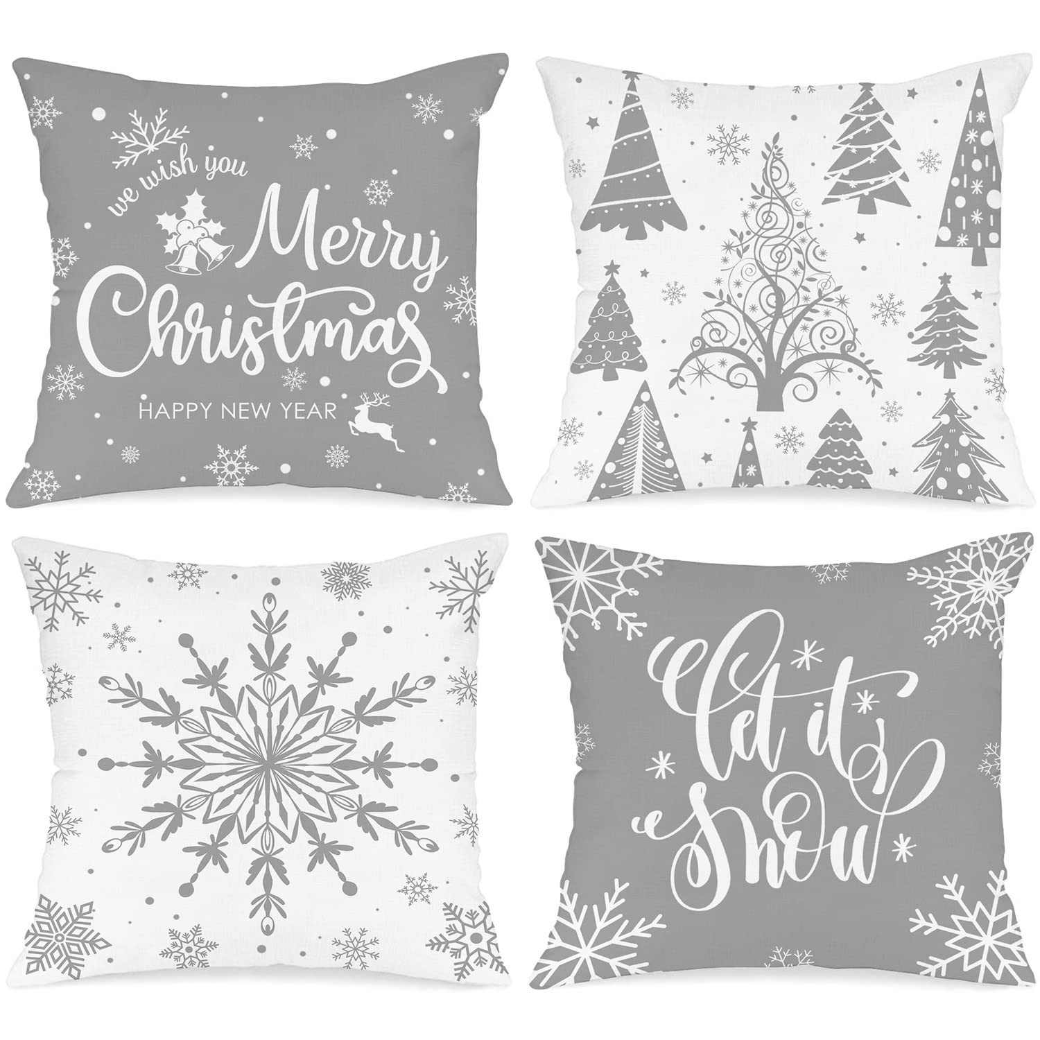 Lanpn White and Grey Christmas Cushion Covers 40x40 Set of 4, Decorative Gray Winter Snowflake Xmas Throw Covers Pillow Cases 16x16 for Home Bedroom Room Holiday Couch Decor Decorations