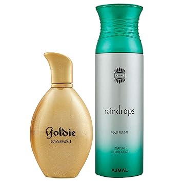 Maryaj Goldie Eau De Parfum Fruity Floral Perfume 100ml for Women and Ajmal Raindrops Femme Deodorant Floral Chypre Fragrance 200ml for Women + 2 Parfum Testers FREE