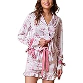 SOOKABEILA Womens Y2k Pajamas Bow Tie Long Sleeve Shirt and Ruffle Shorts Cute Silk 2 Piece Sleepwear Lounge Sets