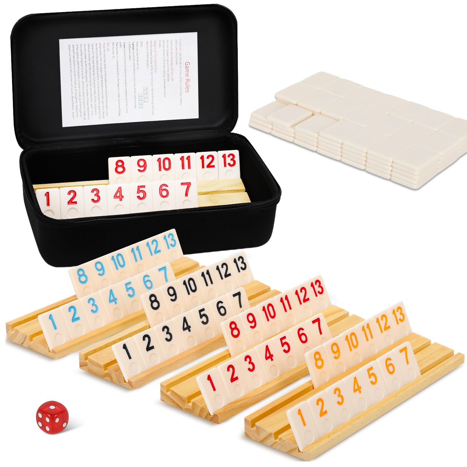 Photo 1 of 4 Players Rummy Game Set, 106 Melamine Tiles, 4 Wooden Racks, Premium Portable Case, Tile Board Games for Adults, Easter Bastket Stuffers, Easter Gifts for Men Women Dad Mom
