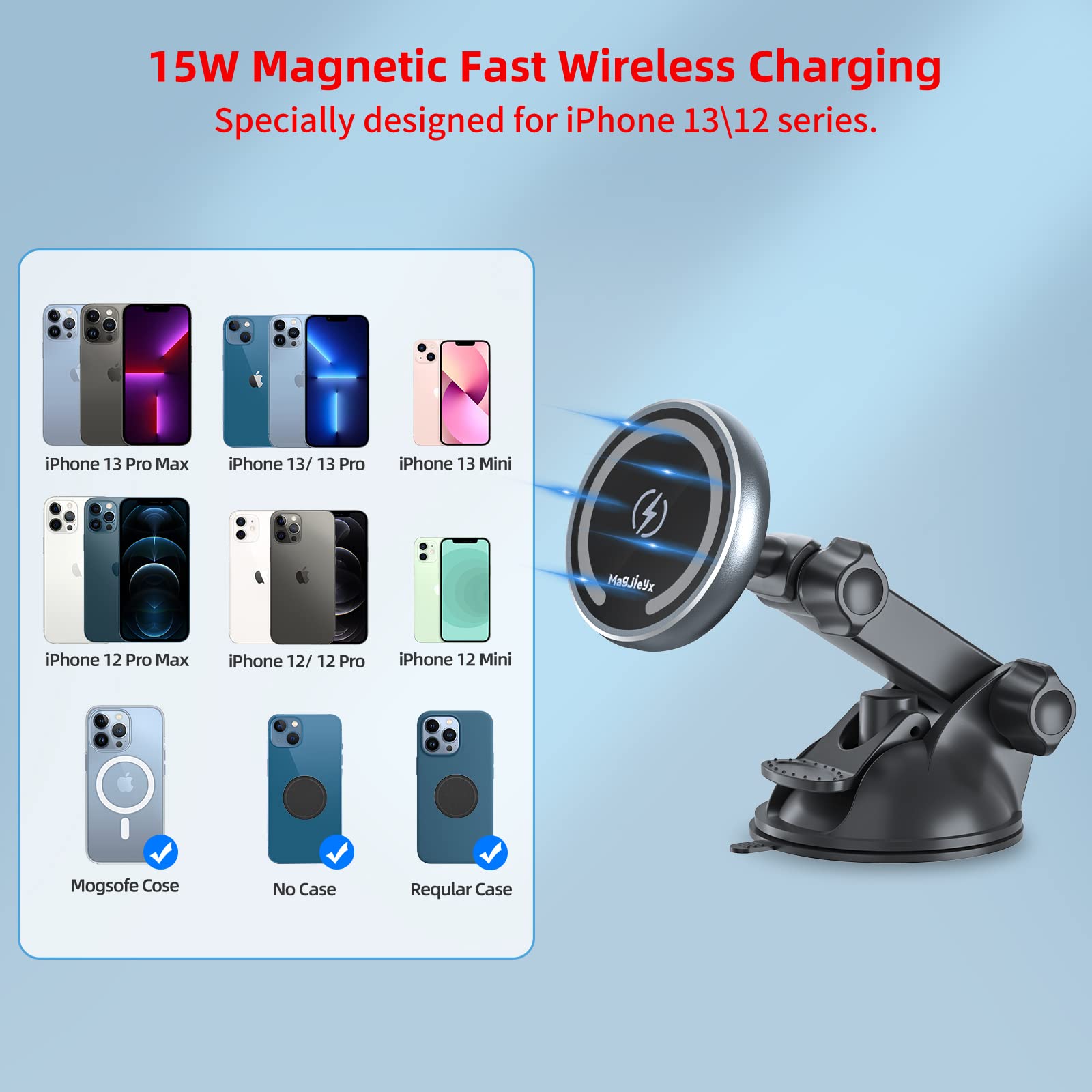 for MagSafe Car Mount Charger, Magnetic Wireless Fast Charging for iPhone16,15,14, 13, 12 Pro Max,Plus,Mini,3-in-1 Vent/Dash/Windshield Auto-Alignment Phone Holder（No 36W QC3.0 Adapter）