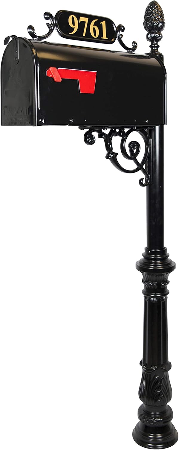 ADDRESSES OF DISTINCTION Charleston Standard Mailbox & Post System – Black Rust Resistant Mailbox – Includes Address Plaque, Numbers, Scroll & Mounting Hardware – Metal Mailbox with Pineapple Finial