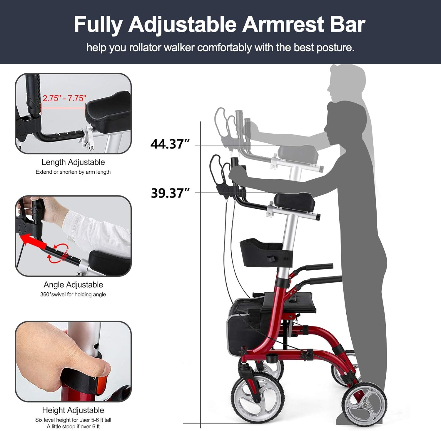 Rinkmo Rollator for Seniors and Adults Stand Up Folding Rollator with Seats and 10” Wheels, Padded Armrest and Backrest, Tall Rolling Mobility Aid with Basket: Health & Personal Care